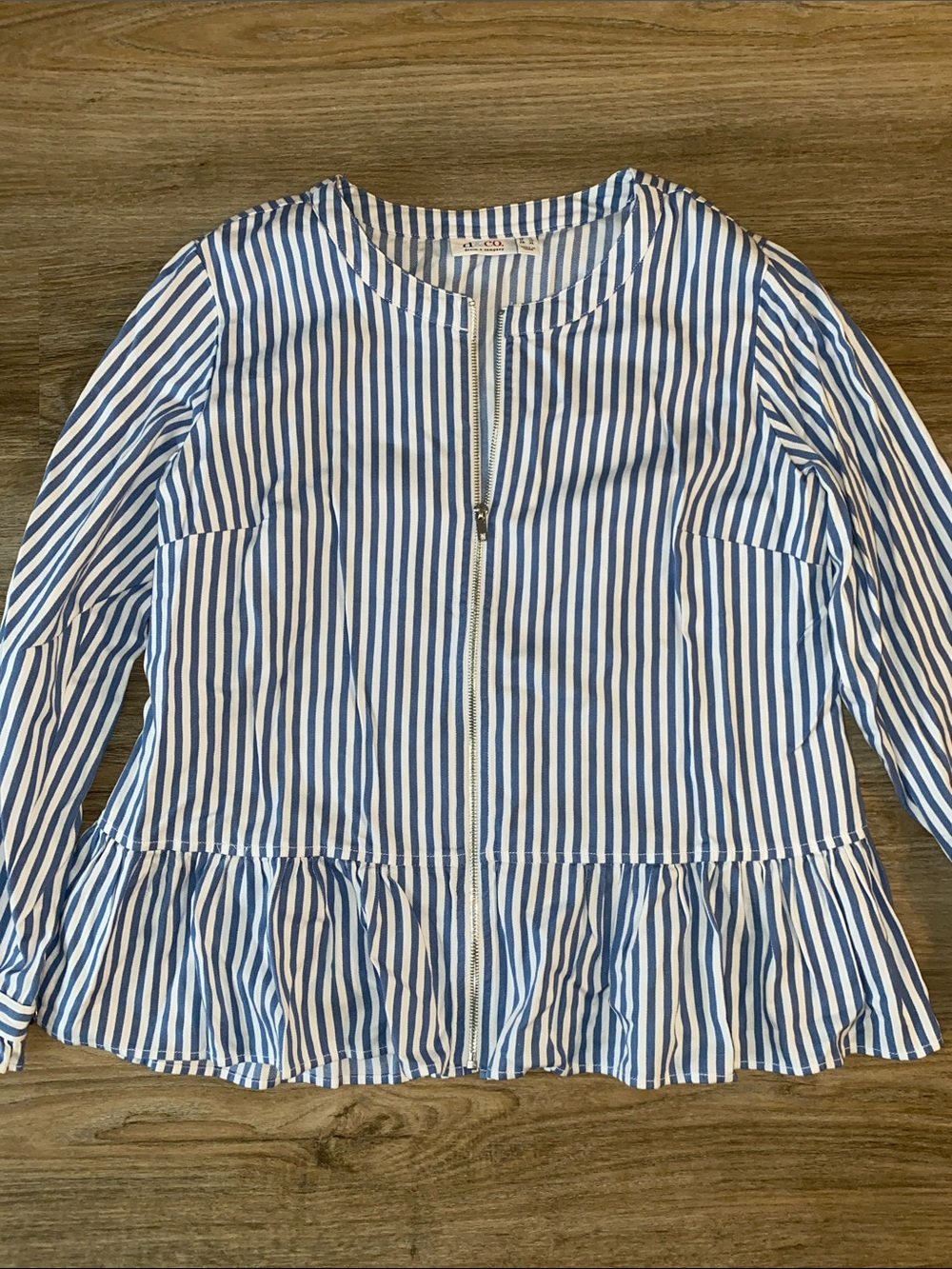 Striped Blue and White Zip-Front Peplum Blouse
